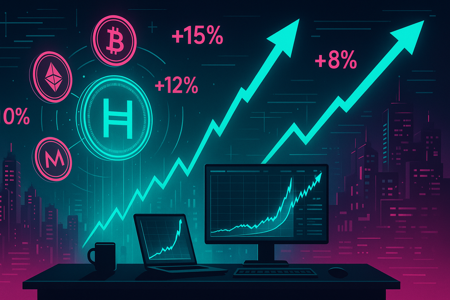 Trader desk with holographic HBAR chart surging in cyberpunk crypto skyline