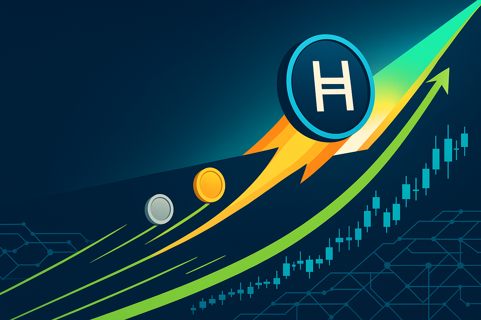 HBAR coin surging on digital candlestick highway toward next crypto bull run