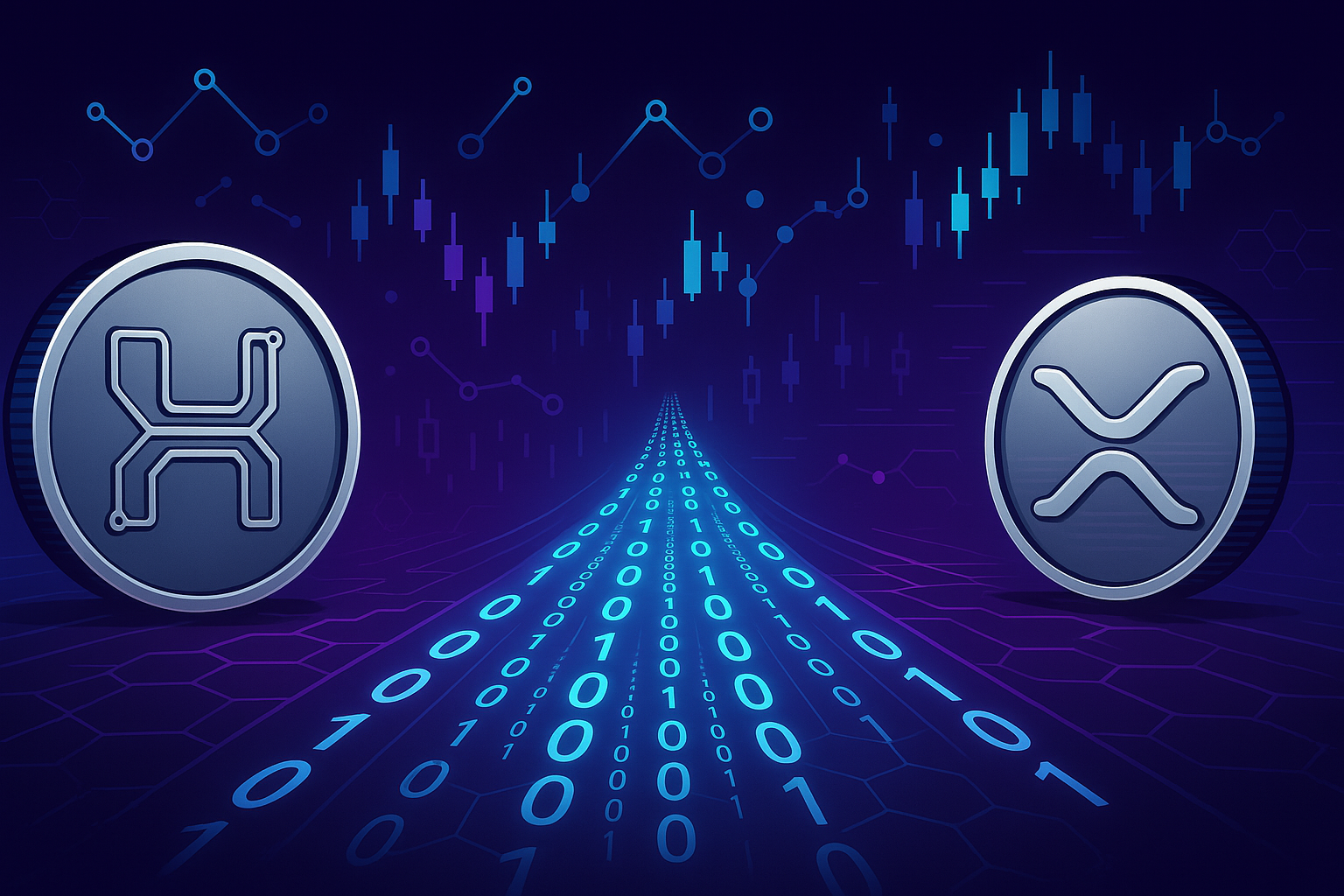 Futuristic HBAR vs XRP crypto banner with glowing digital highway