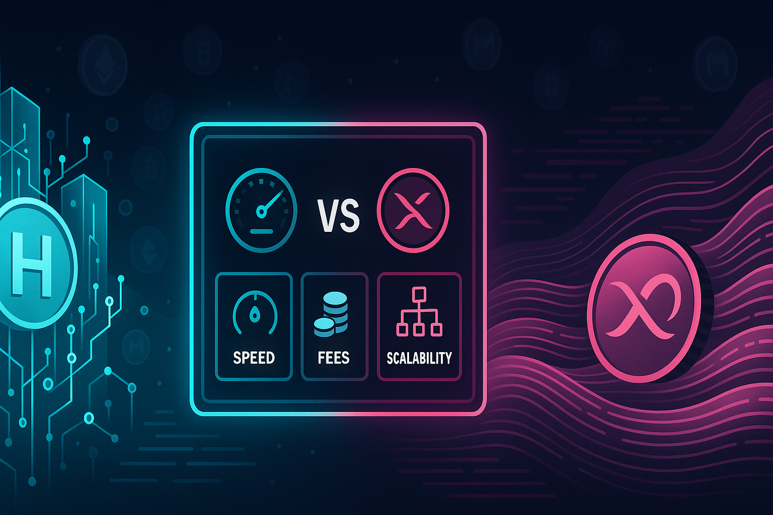 Ultra-wide HBAR vs XRP style crypto comparison banner with metrics