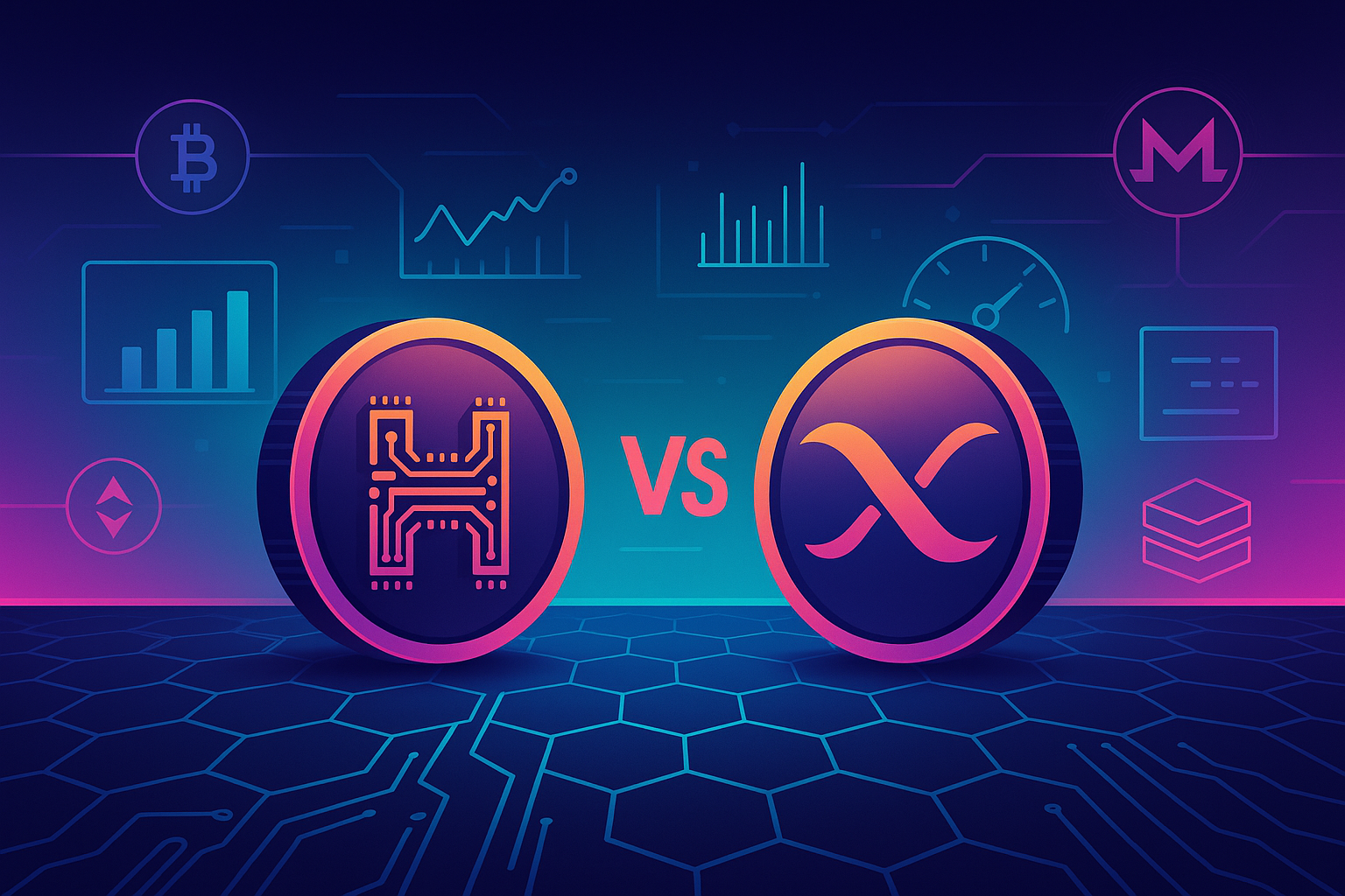 Futuristic crypto battle arena with H and X coins, charts, and digital network links