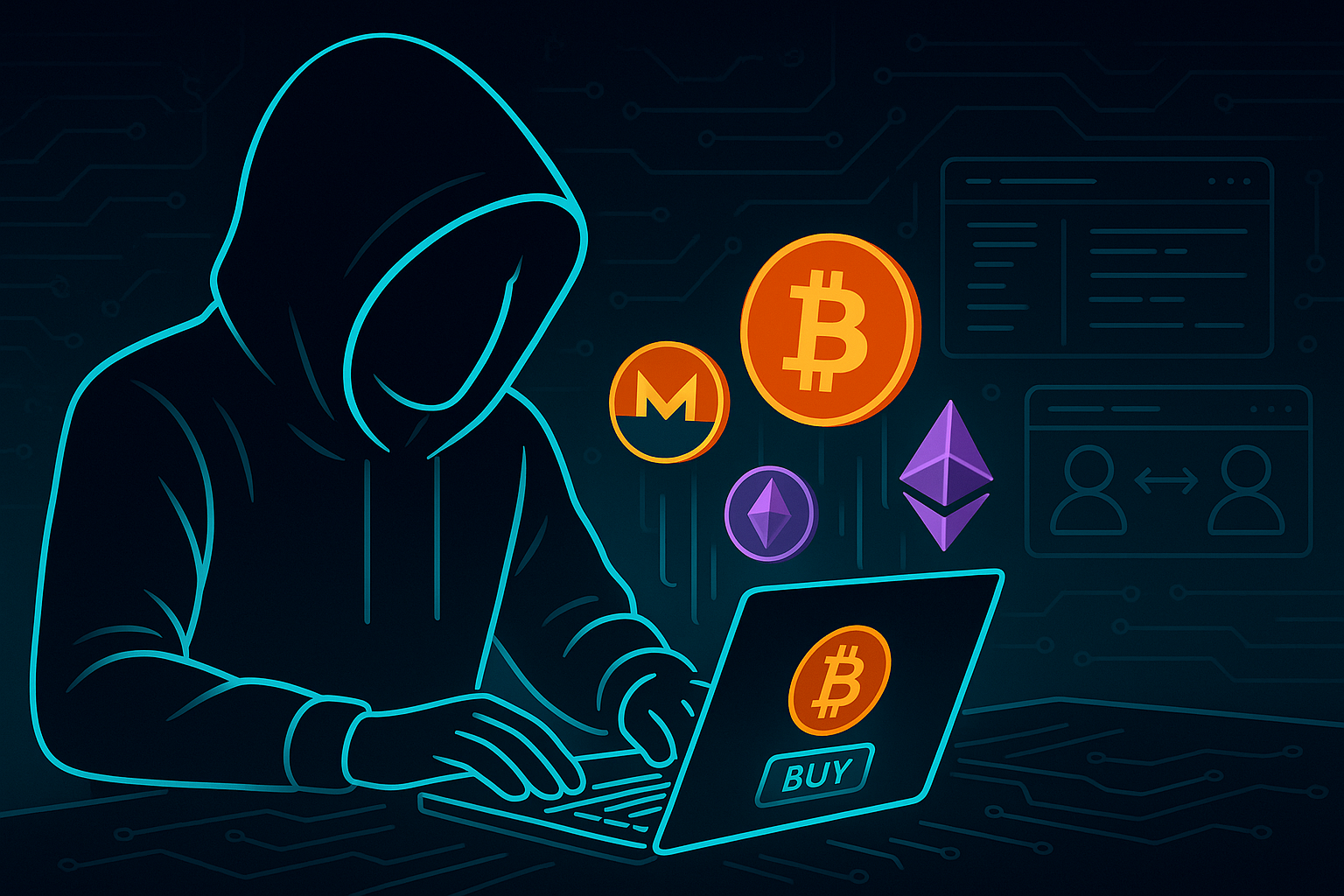 Anonymous crypto user buying bitcoin on a laptop with holographic coins in a dark neon room