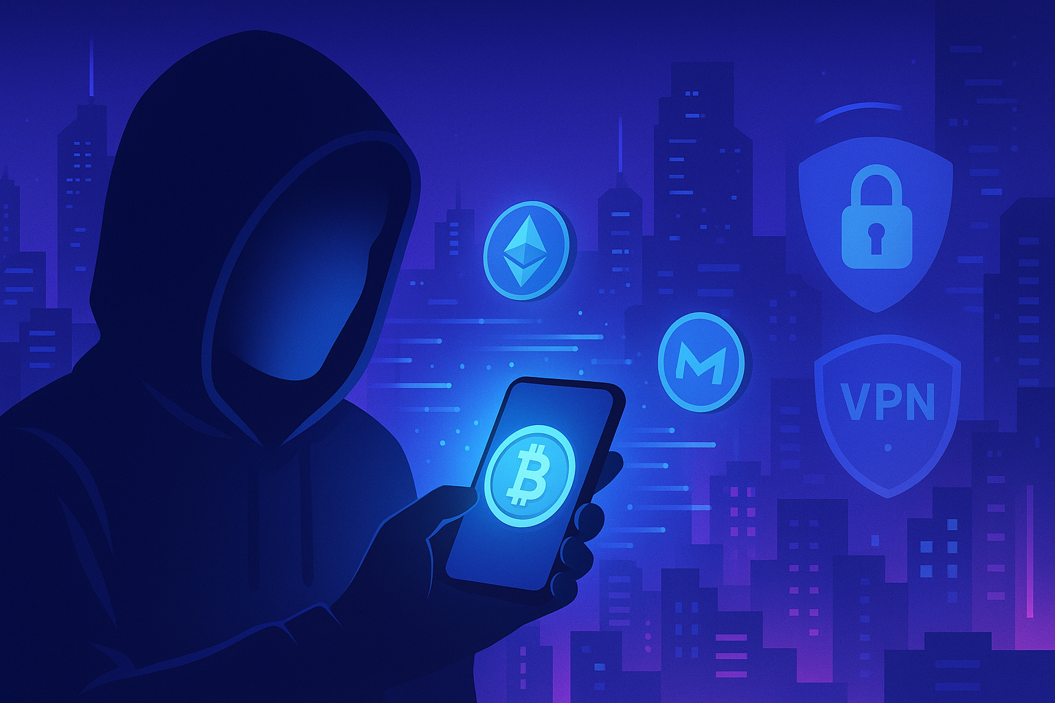 Futuristic neon city scene with anonymous person buying Bitcoin privately on smartphone