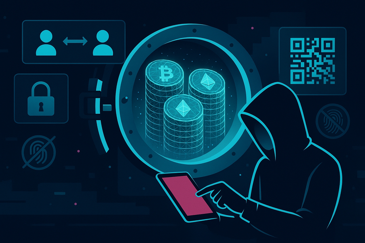 Anonymous crypto trader using tablet in front of digital vault with private Bitcoin transactions