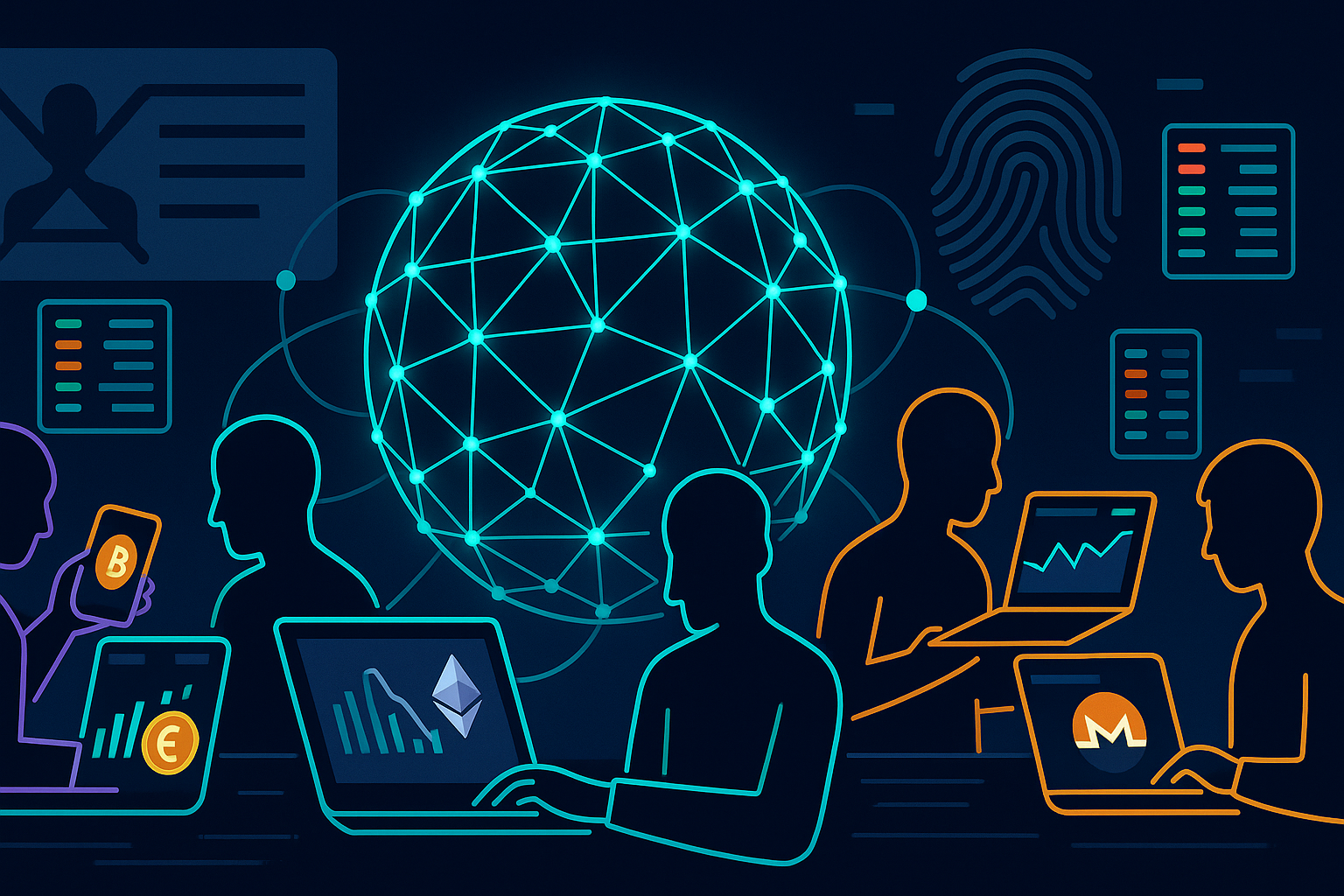 Anonymous crypto traders using devices to buy coins without KYC on a secure, global, no‑ID network