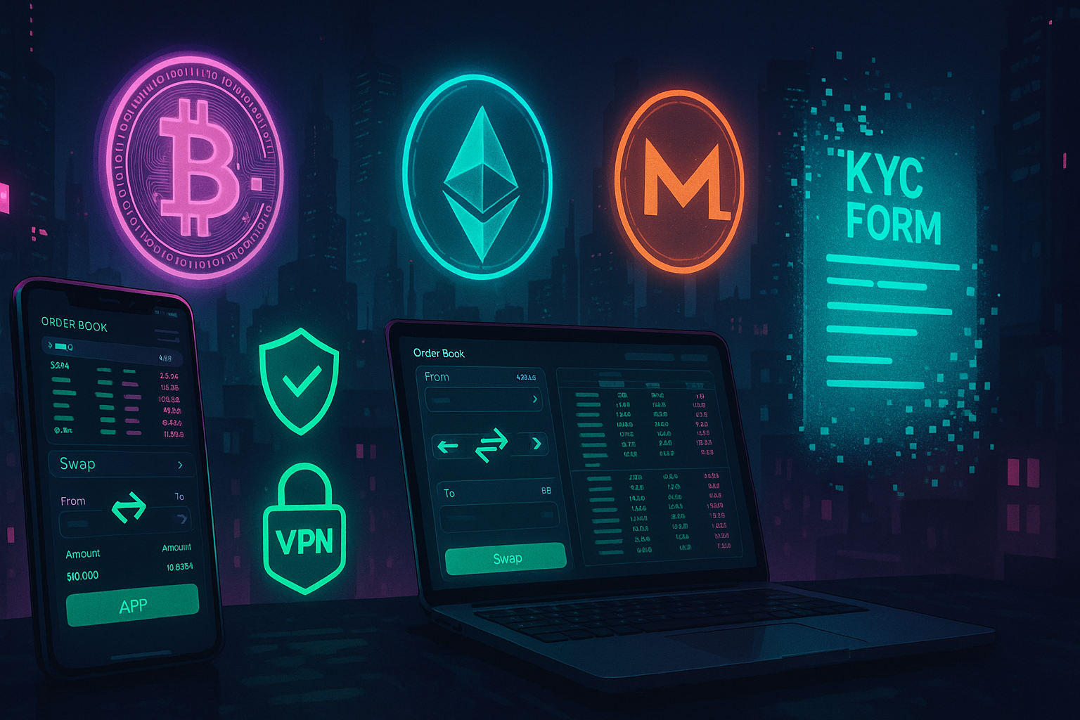Cyberpunk city with DEX screens and melting KYC form symbolizing private crypto trading