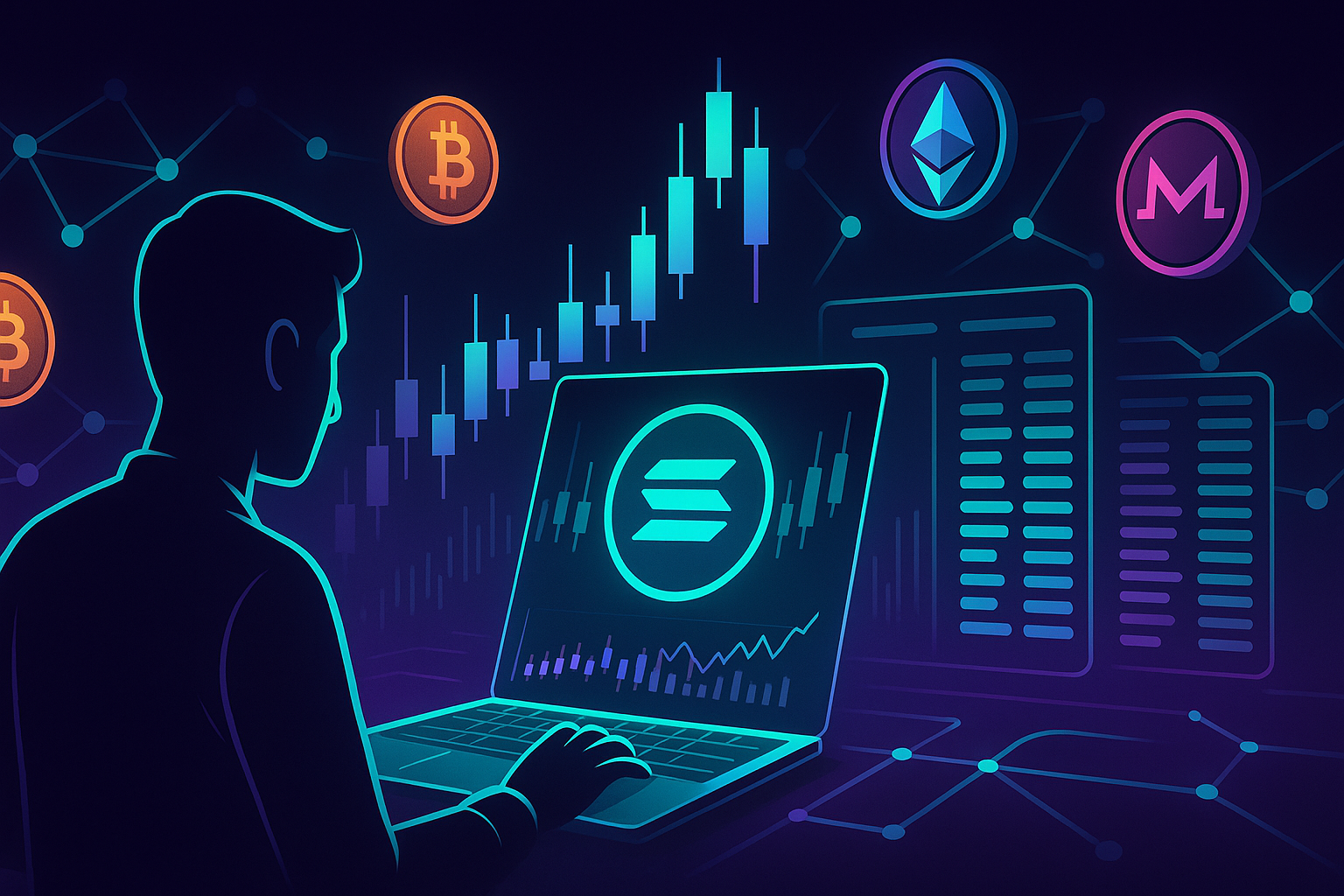 User trading Solana crypto on futuristic holographic laptop with neon blockchain charts