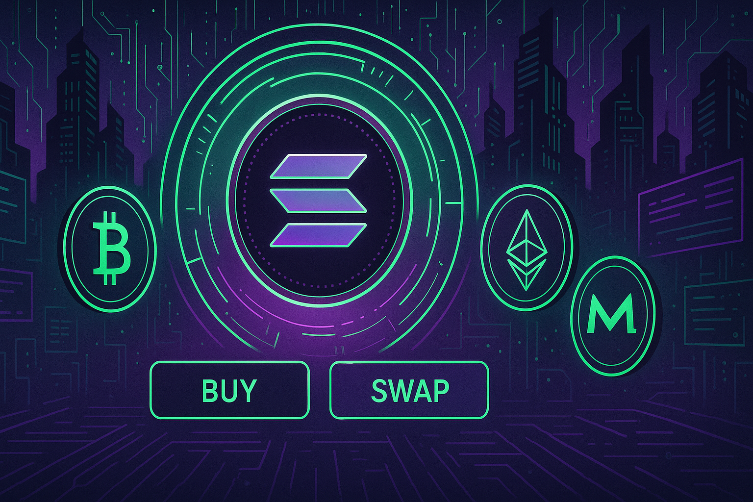 Futuristic crypto dashboard with Solana-style coin and trading buttons