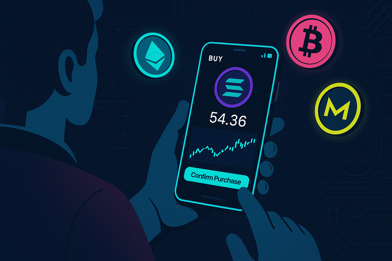 Trader using mobile crypto exchange app to buy Solana coin
