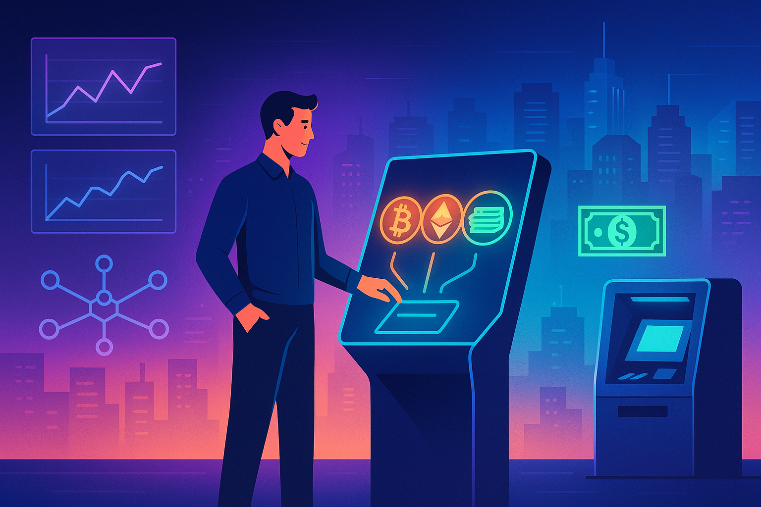 Crypto user at digital kiosk converting Bitcoin-like coins to cash and card
