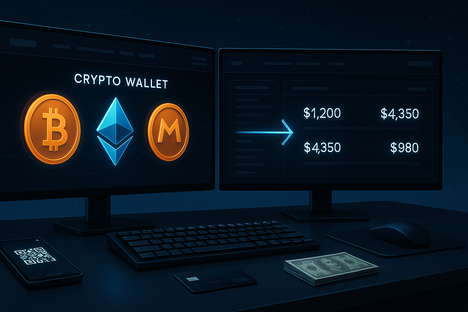 Dual monitors showing crypto wallet converting coins to cash with card and phone on desk