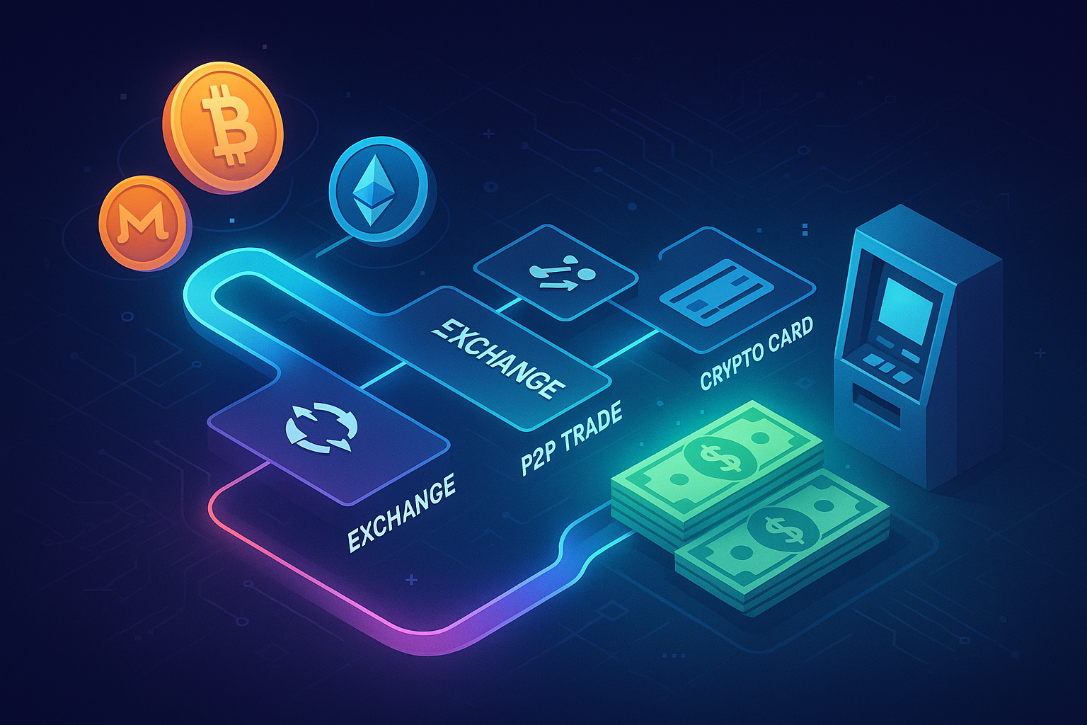 Illustrated crypto conversion pipeline from coins to cash and ATM