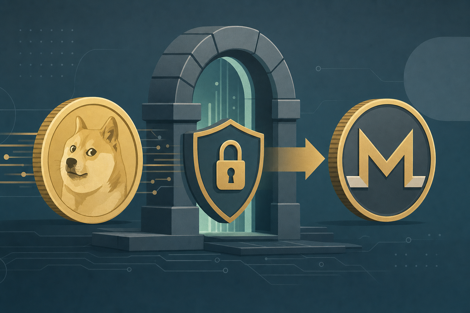 Illustration of a Dogecoin coin converting into a Monero privacy coin through a lock gateway, left to right.
