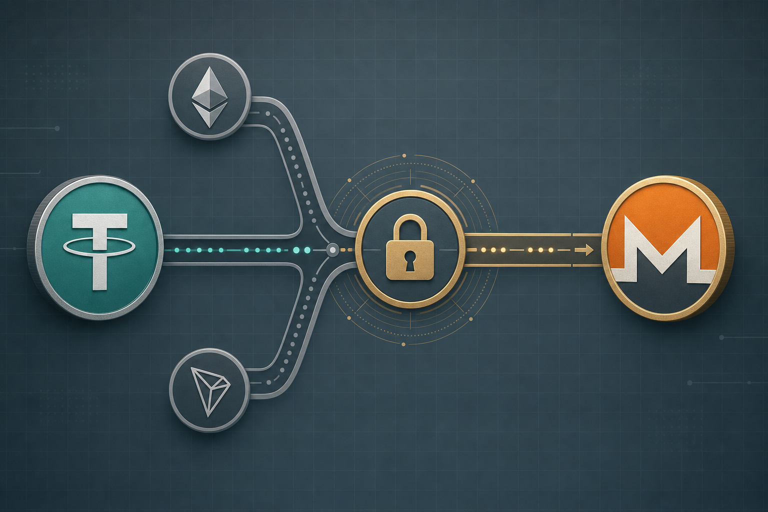 Illustration of a USDT token converting into a Monero token through a privacy lock across Ethereum and Tron network rails