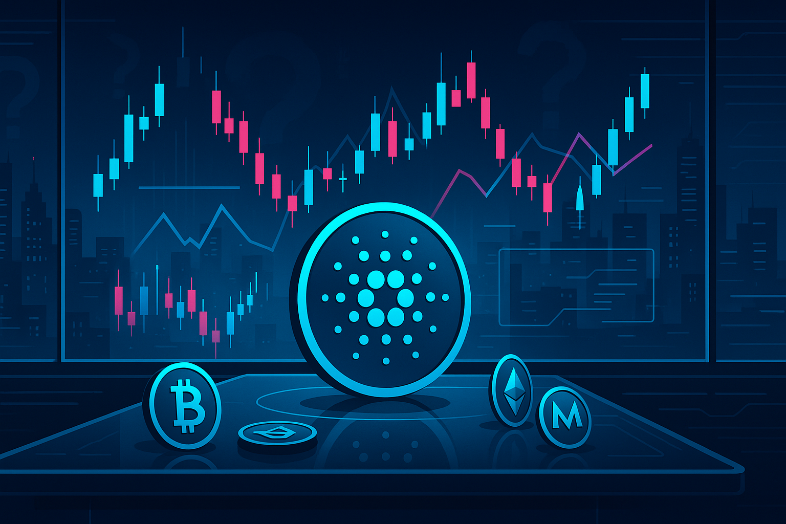 Futuristic trading desk with ADA-like coin and mixed crypto market signals
