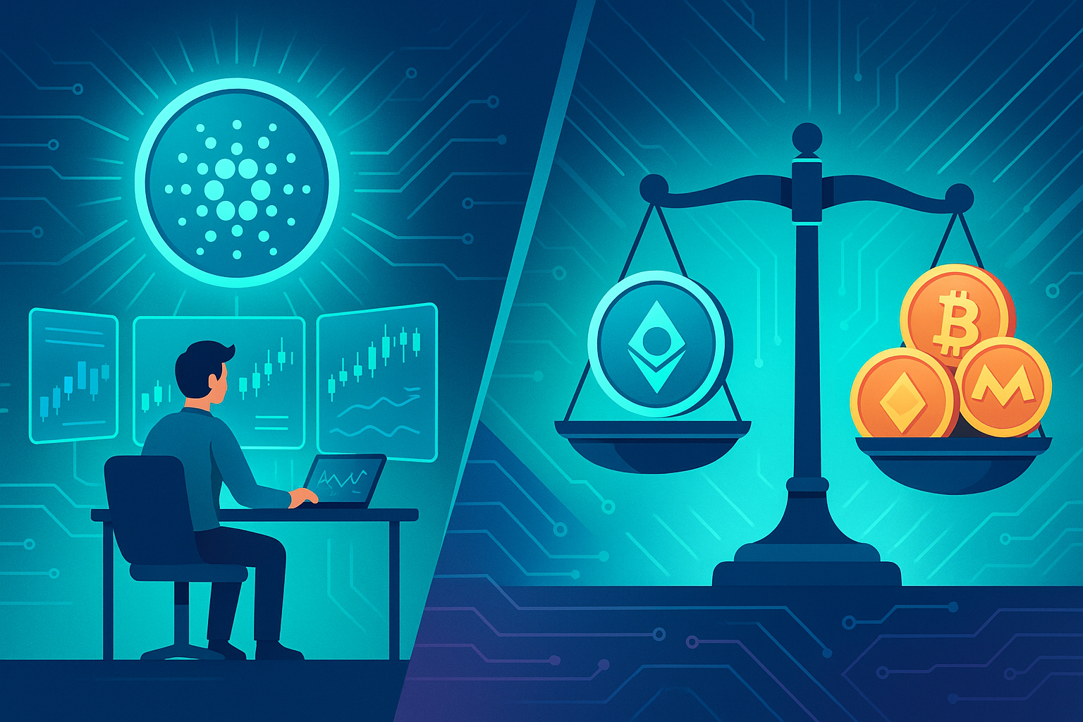 Crypto trader analyzing ADA charts beside a scale weighing Cardano against other coins