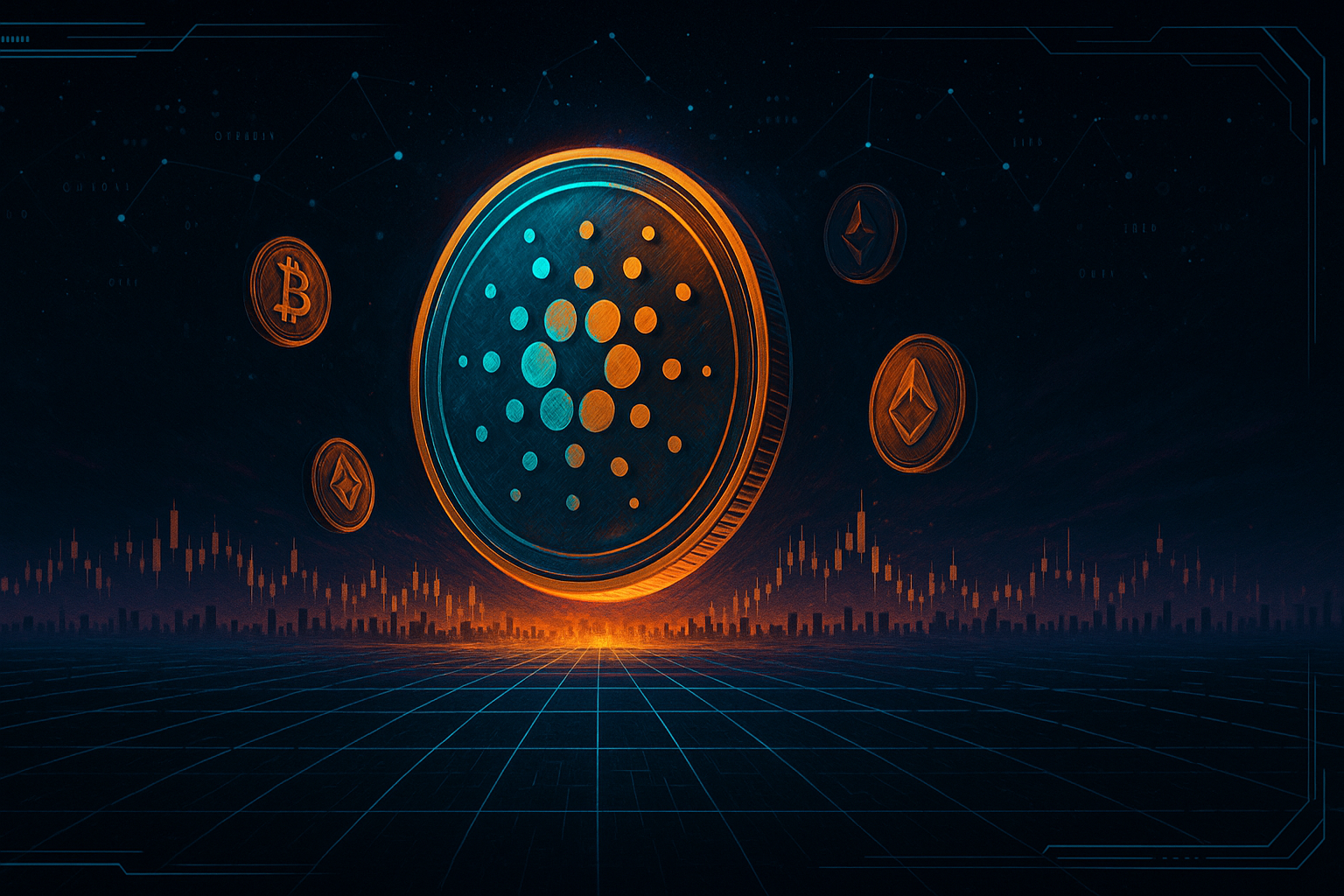Futuristic glowing ADA-style coin over digital market grid with crypto charts
