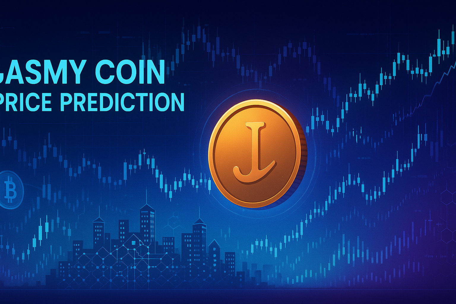 Futuristic Jasmy coin price prediction banner with charts and crypto icons