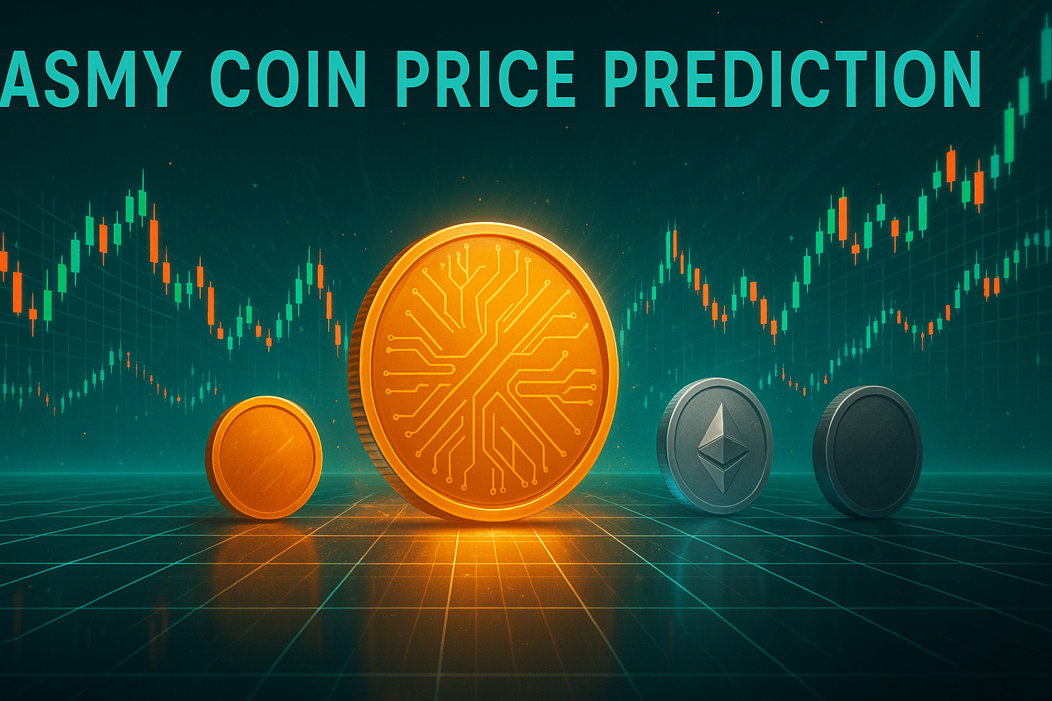 Futuristic trading floor with holographic charts and a central Jasmy-style crypto coin