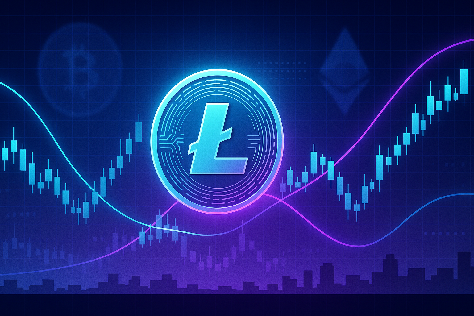 Futuristic Litecoin-style coin with trading charts and price prediction dashboard