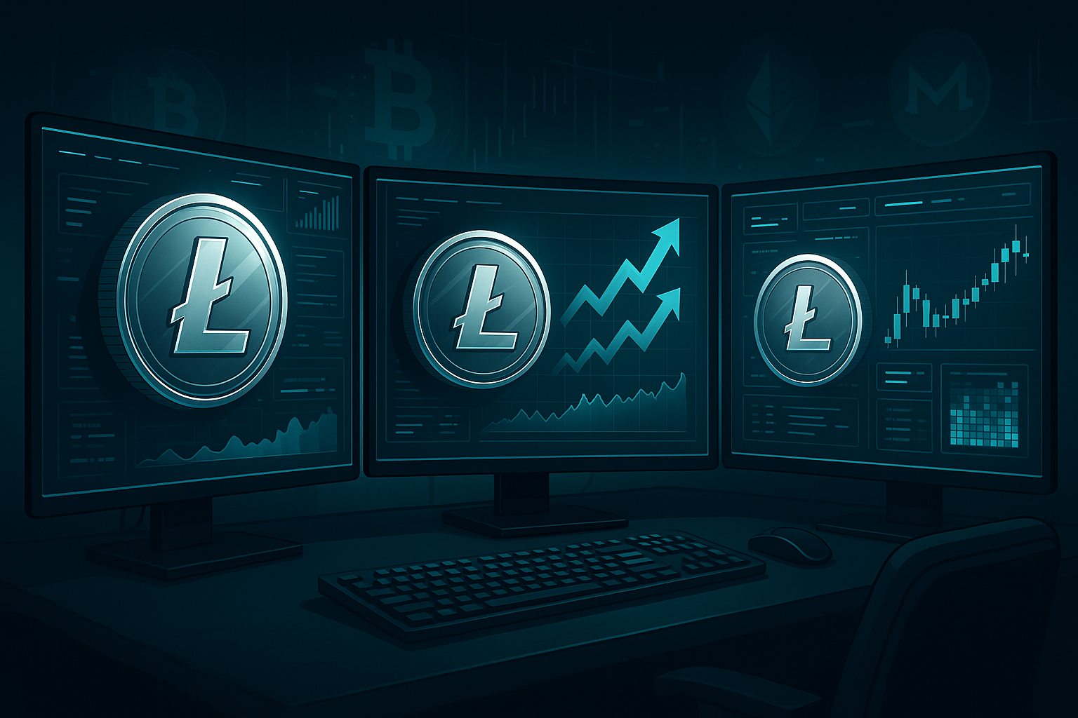 Digital analyst monitors showing Litecoin price prediction charts and crypto volatility