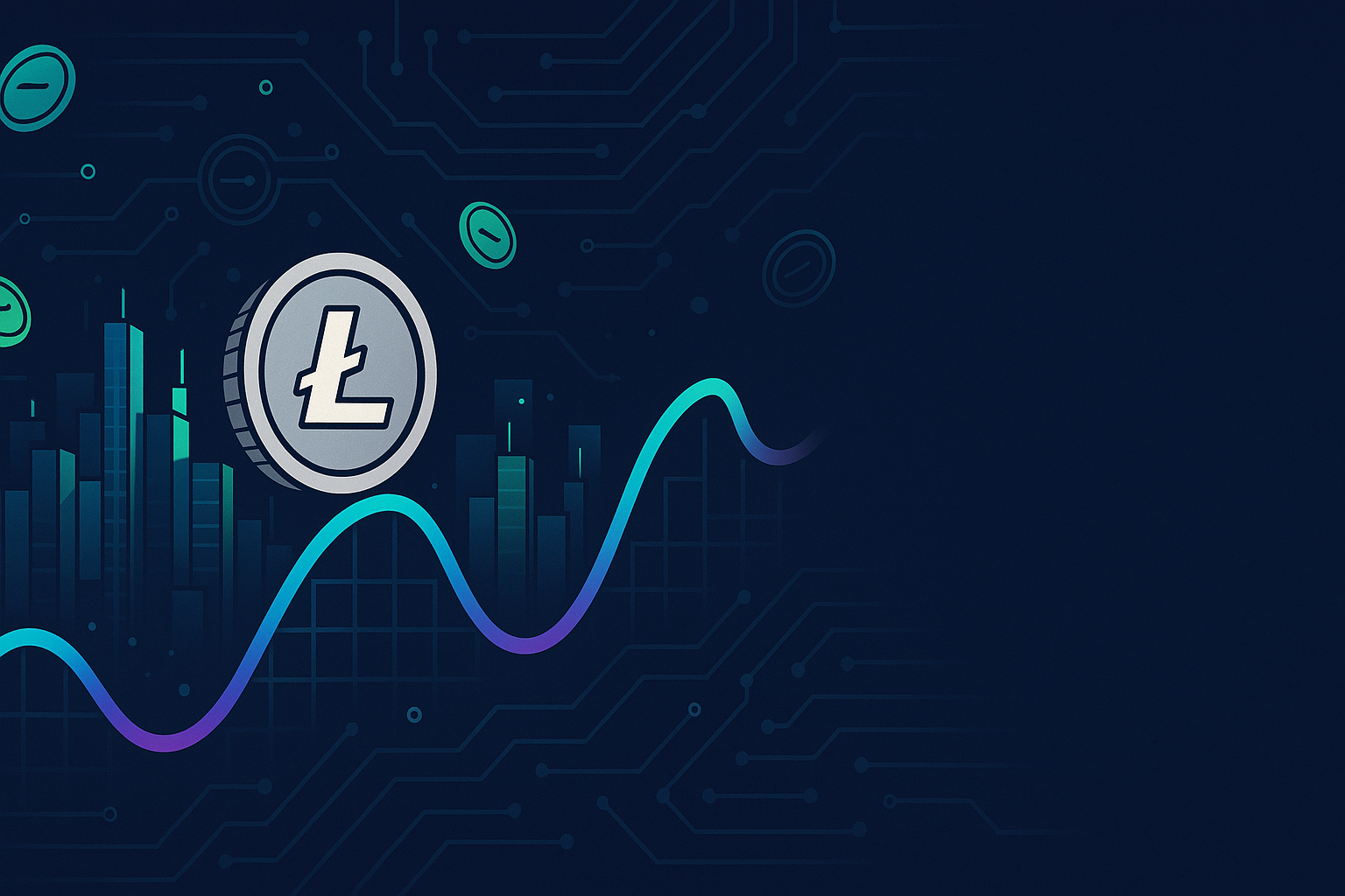 Litecoin-style coin riding a glowing price curve through a digital crypto city