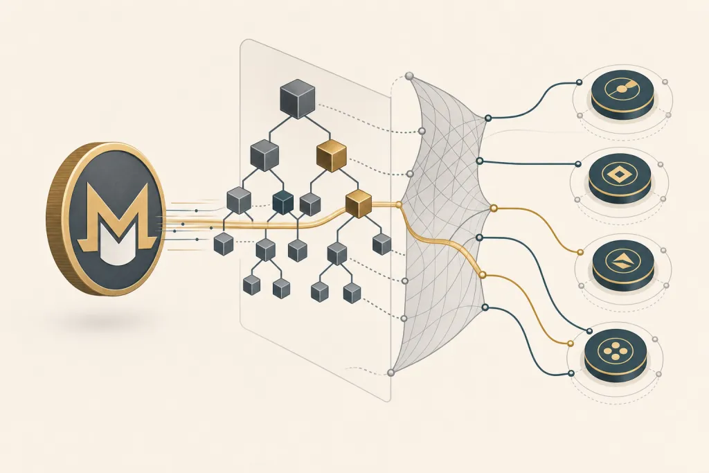 Illustration of a Monero token routed through a tree-shaped proof structure toward multiple swap-service nodes