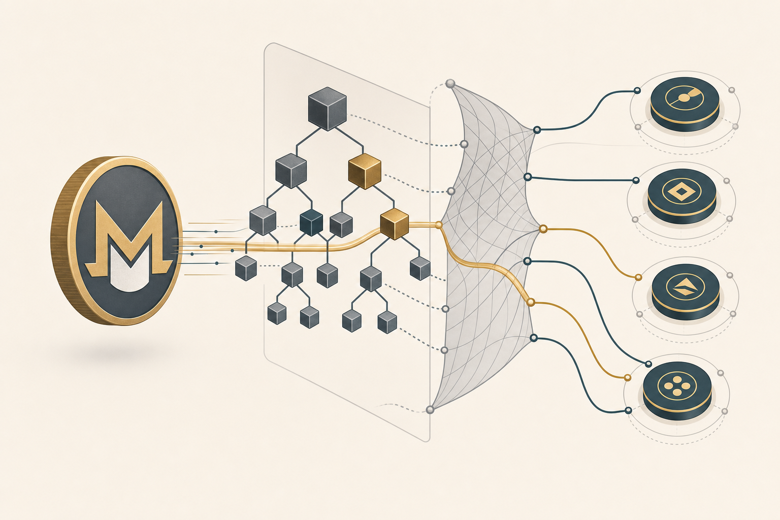 Illustration of a Monero token routed through a tree-shaped proof structure toward multiple swap-service nodes