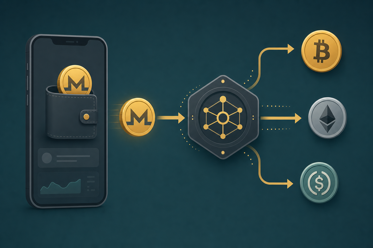 Illustration of a mobile wallet sending Monero through a non-custodial swap node into Bitcoin, Ethereum and stablecoin tokens