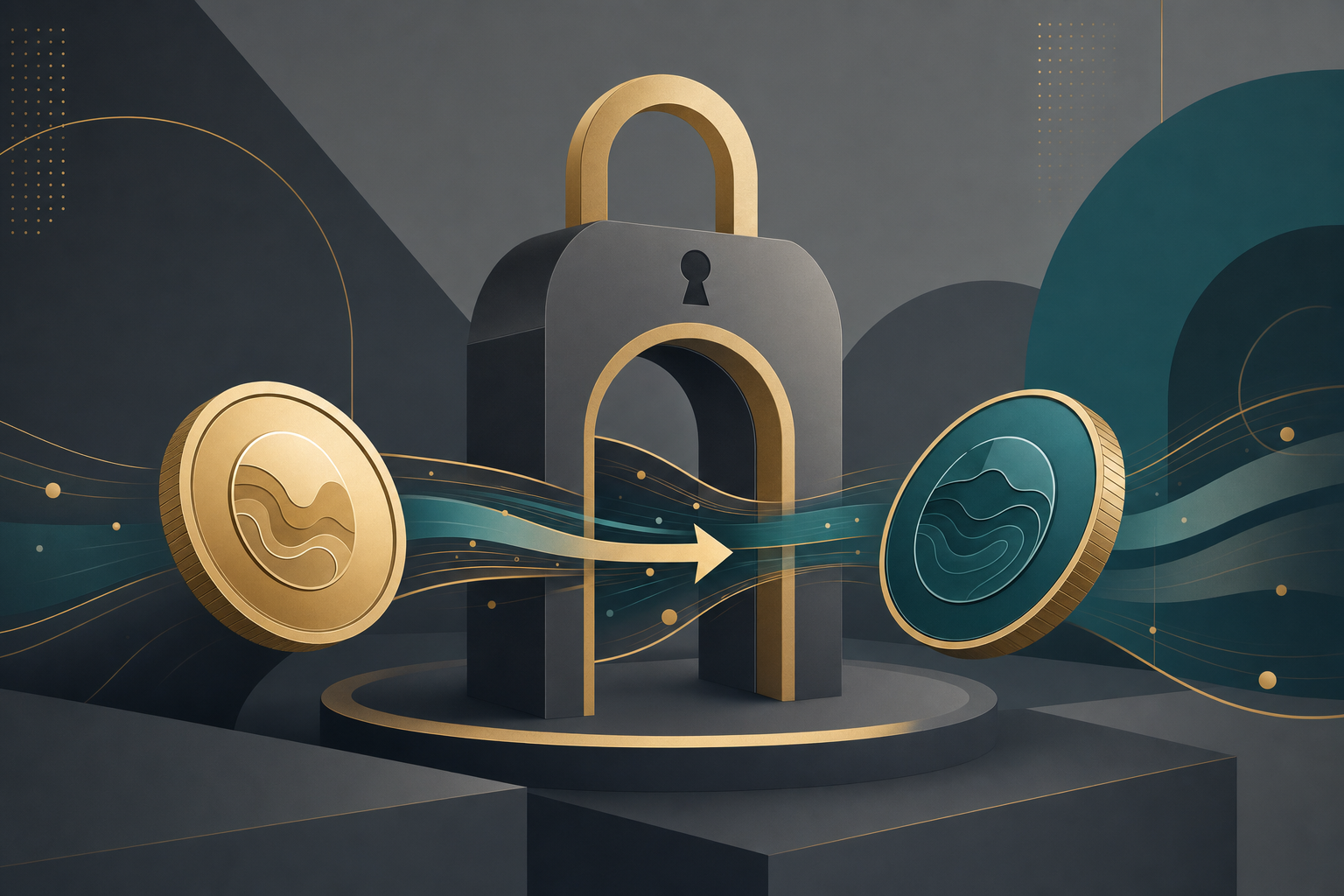 Illustration of two crypto tokens passing through a privacy lock gateway without an account or ID form