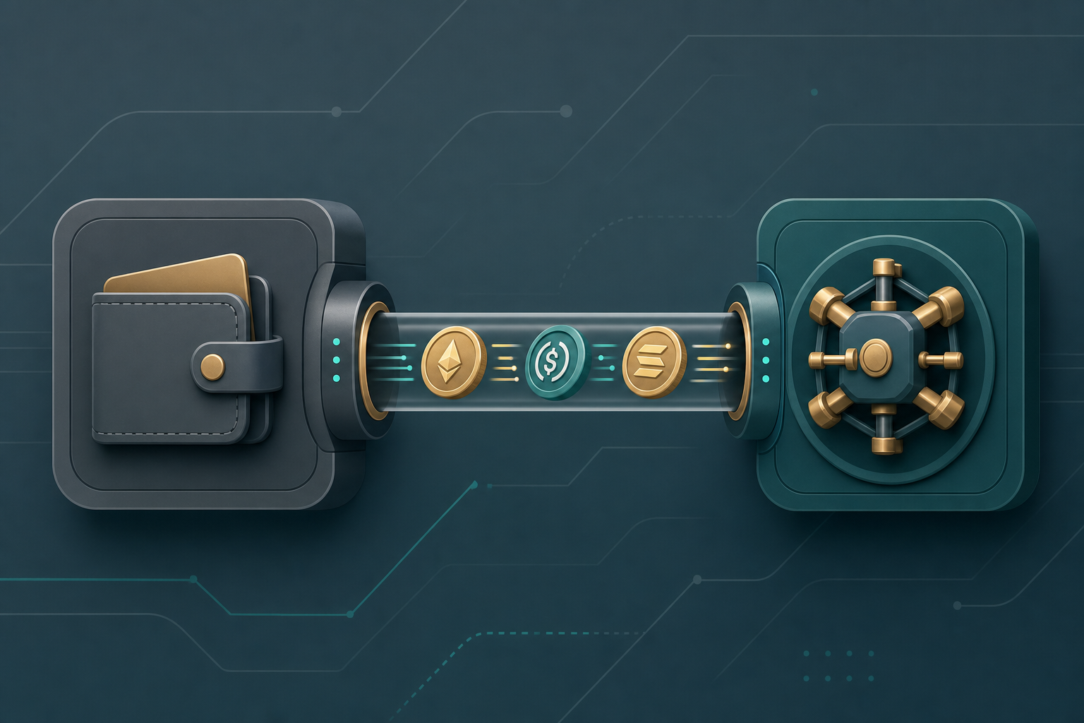 Stylized illustration of a wallet app connecting to a swap engine through an API bridge with no verification checkpoint