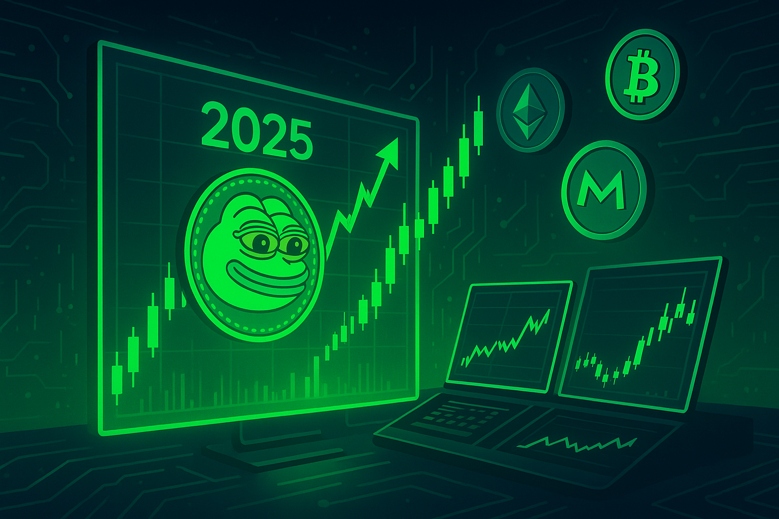 Futuristic crypto trading desk with holographic PEPE coin price charts surging in 2025