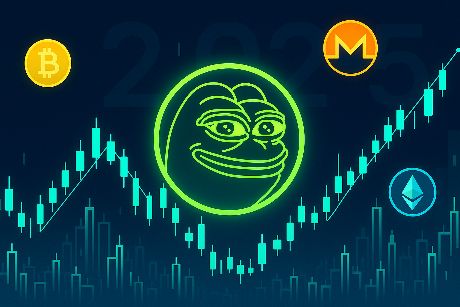 Futuristic digital city with glowing PEPE coin and crypto candlesticks, 2025 theme