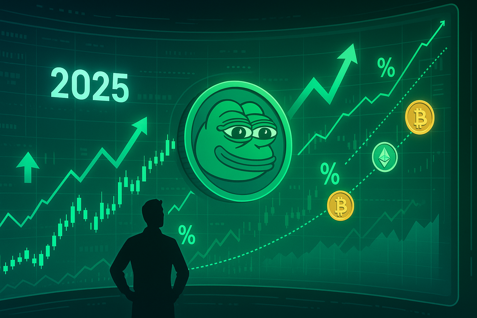 Trader studies 2025 Pepe coin price prediction chart with rising crypto indicators