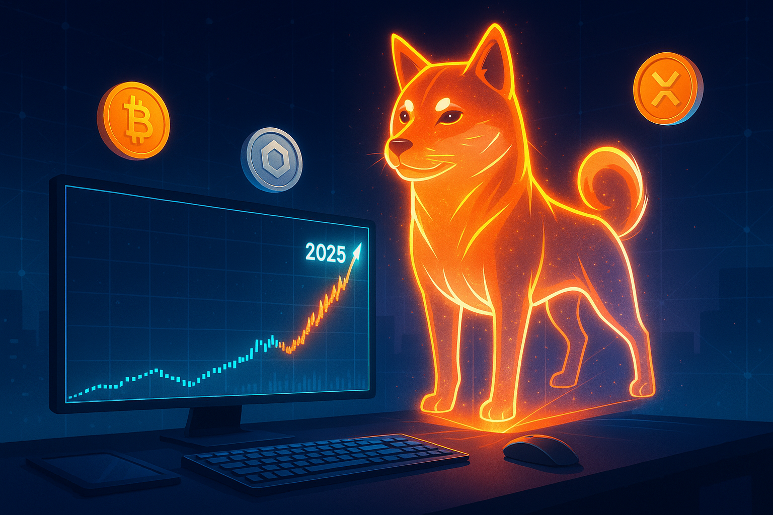 Futuristic trading desk with shiba inu hologram and rising crypto price chart toward 2025