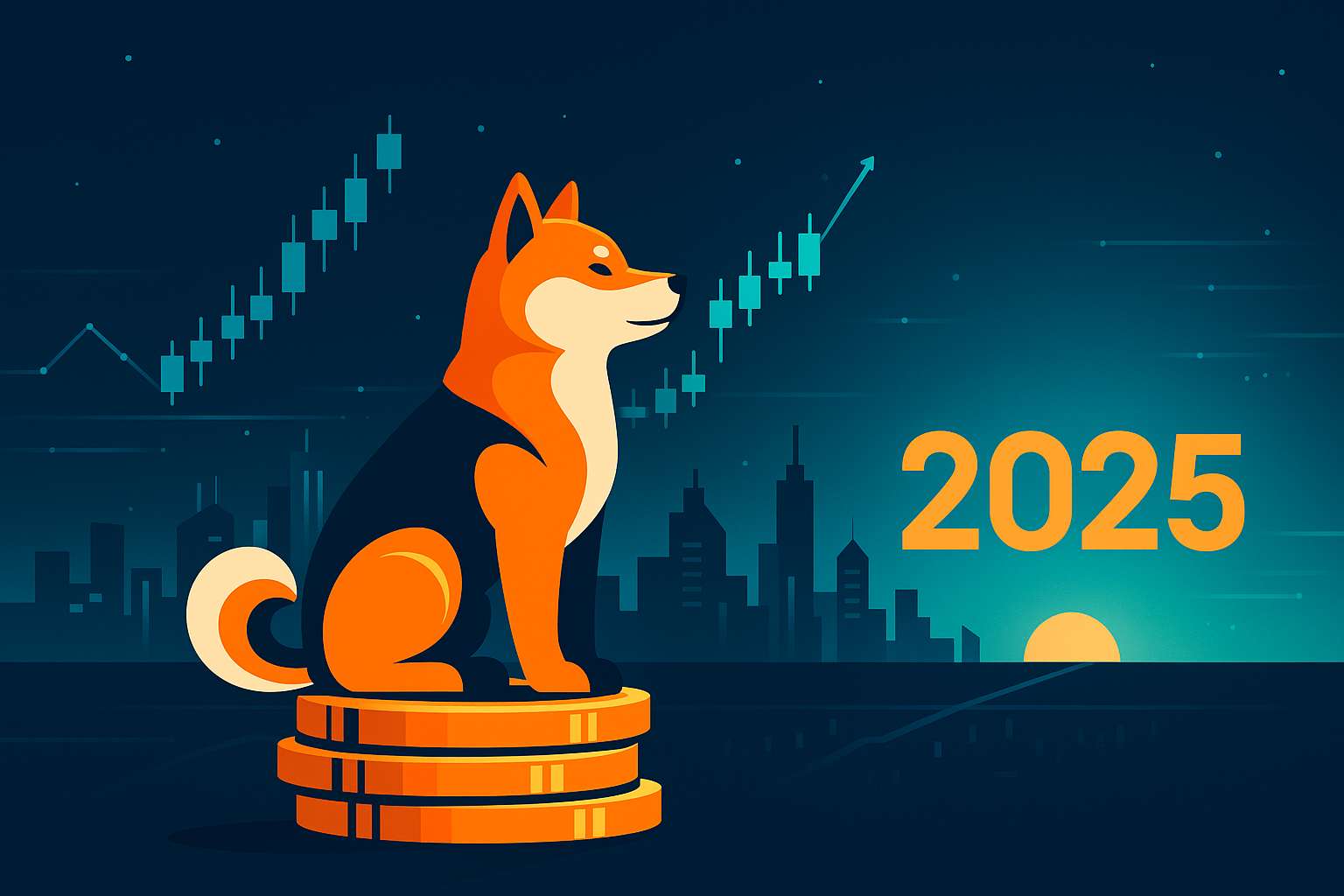 Shiba Inu dog on crypto coins watching bullish chart toward 2025