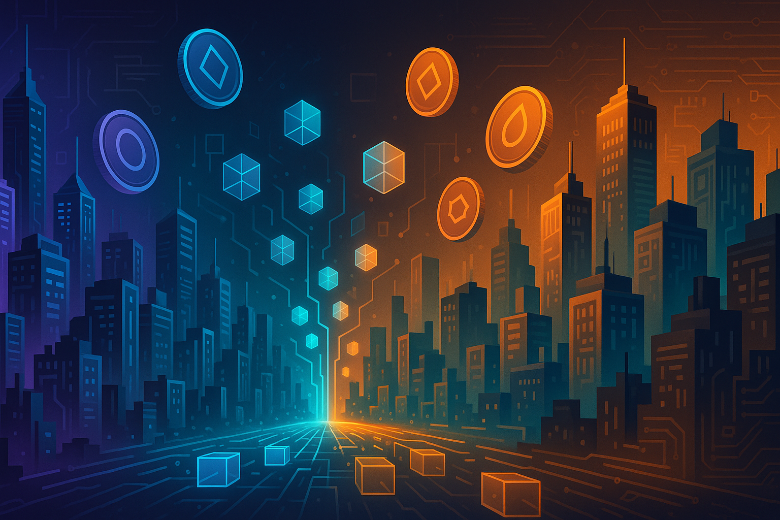 Cidades cripto futuristas em tons de roxo e laranja, simbolizando a rivalidade entre Solana e Ethereum, com fluxos de dados.