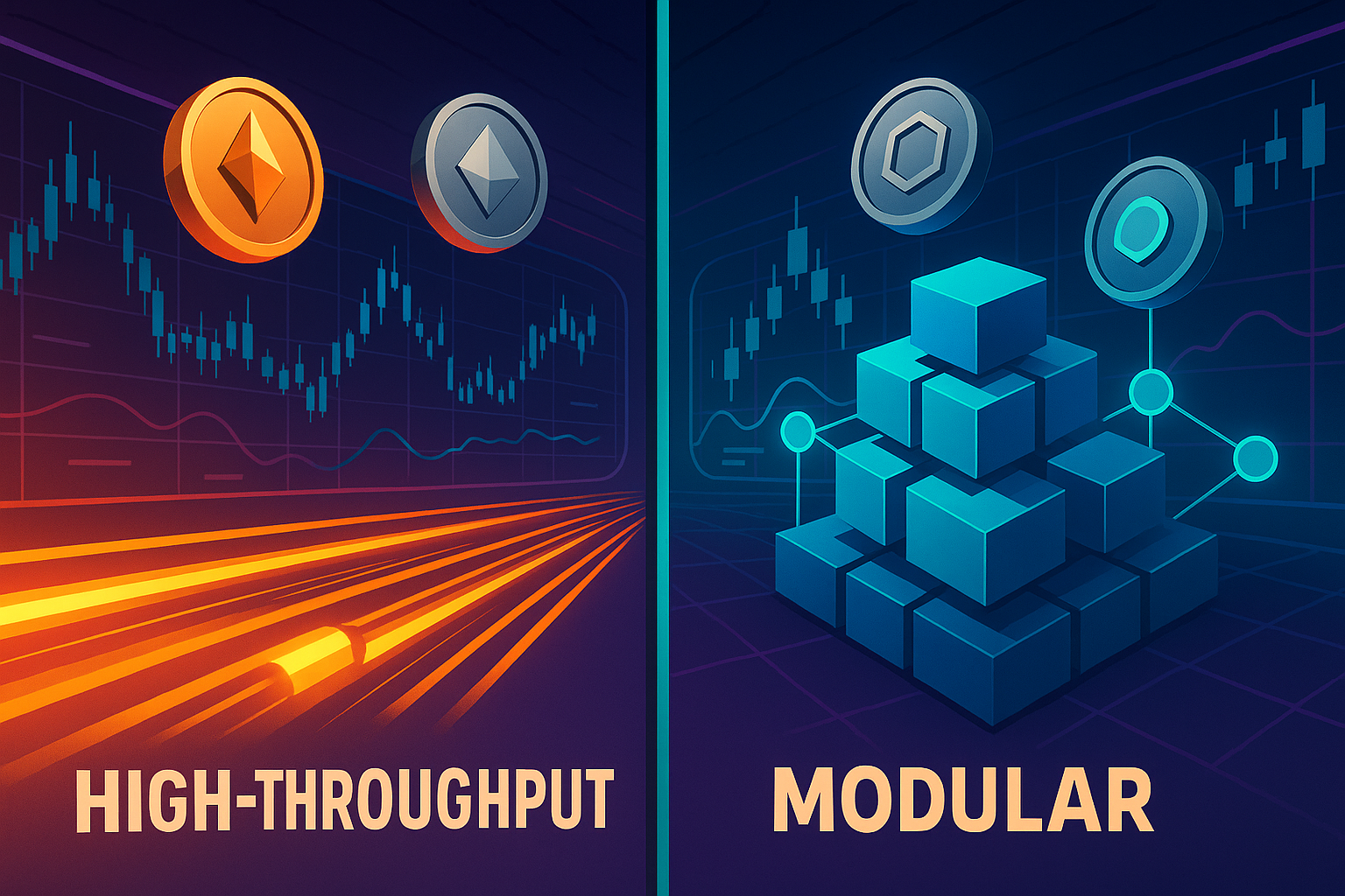 Cenário de ficção científica comparando a alta velocidade dos trilhos Solana com os blocos modulares do Ethereum, incluindo criptomoedas e gráficos.