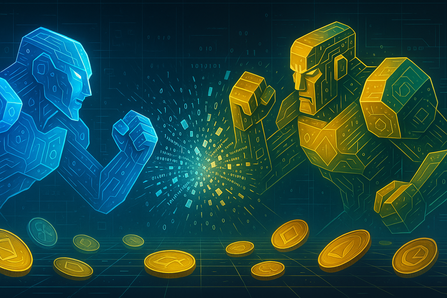 Campo de batalha digital ilustrando o conflito entre Solana e Ethereum com redes blockchain em choque.