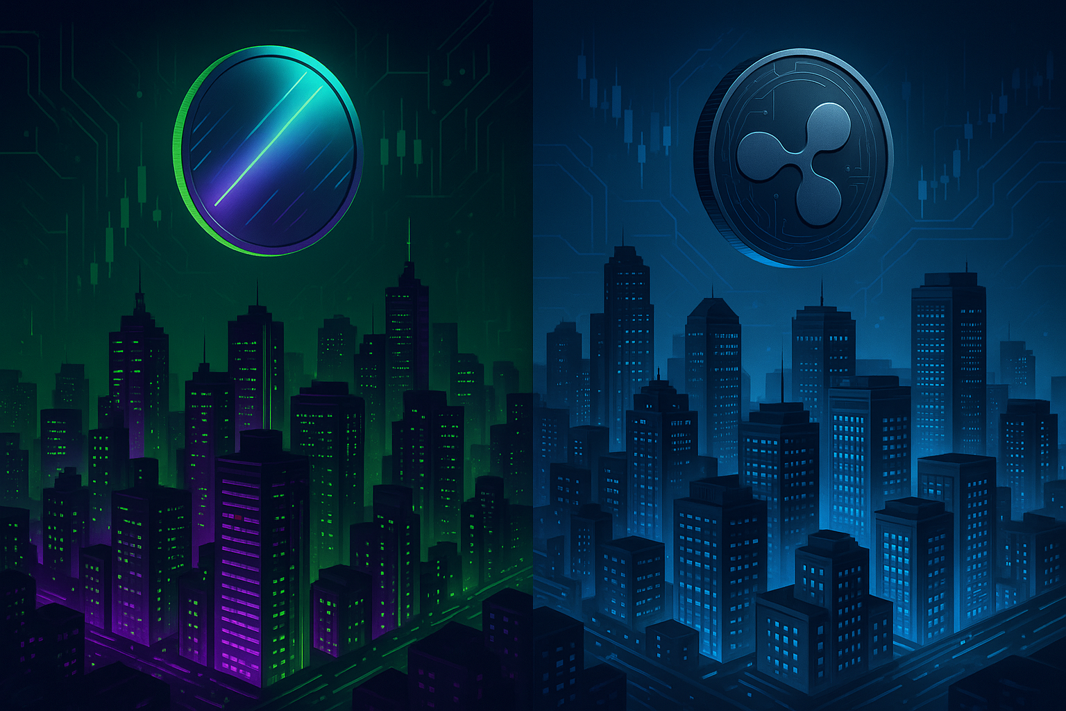 Solana vs XRP futuristic blockchain cities with crypto coins at night