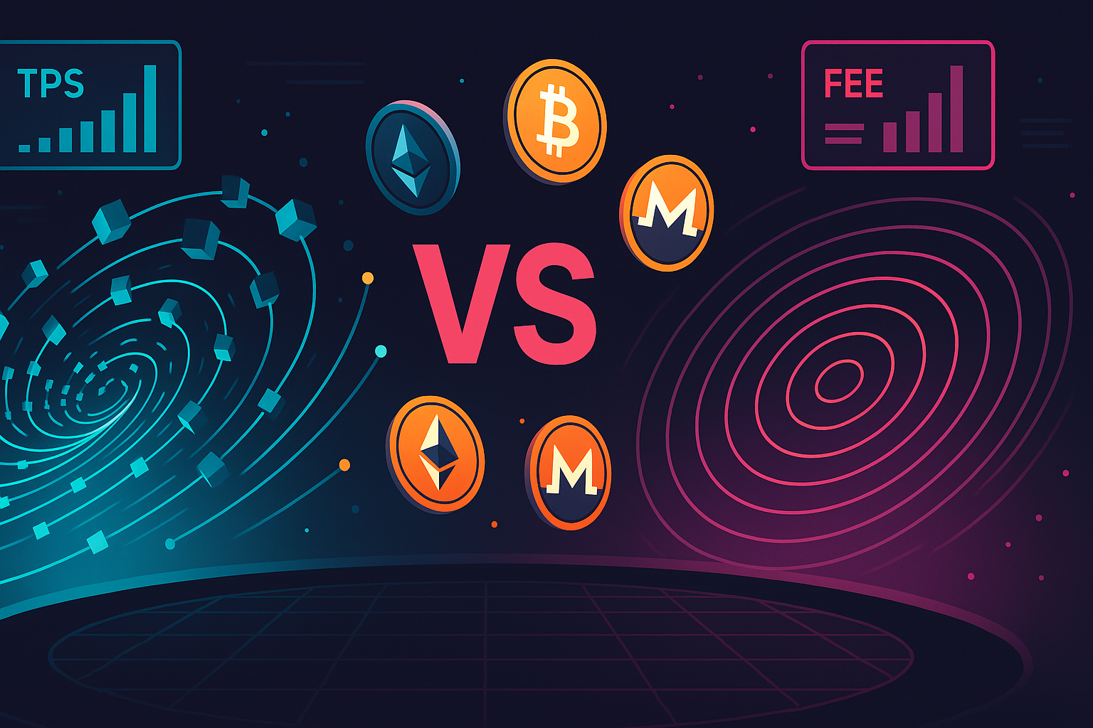 Digital arena illustration of Solana vs XRP blockchain networks with crypto coins and holographic metrics
