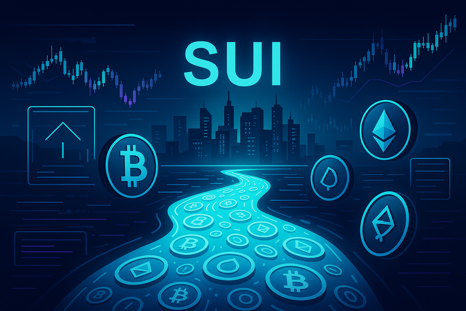 Cidade cripto futurista SUI com gráficos de preços e moedas digitais.
