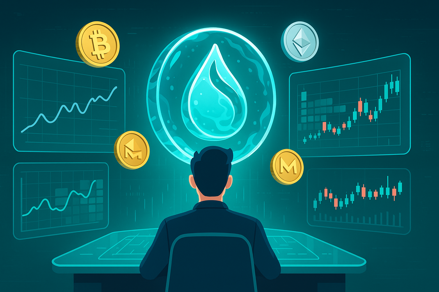Trader analyzing holographic SUI crypto charts and price forecasts