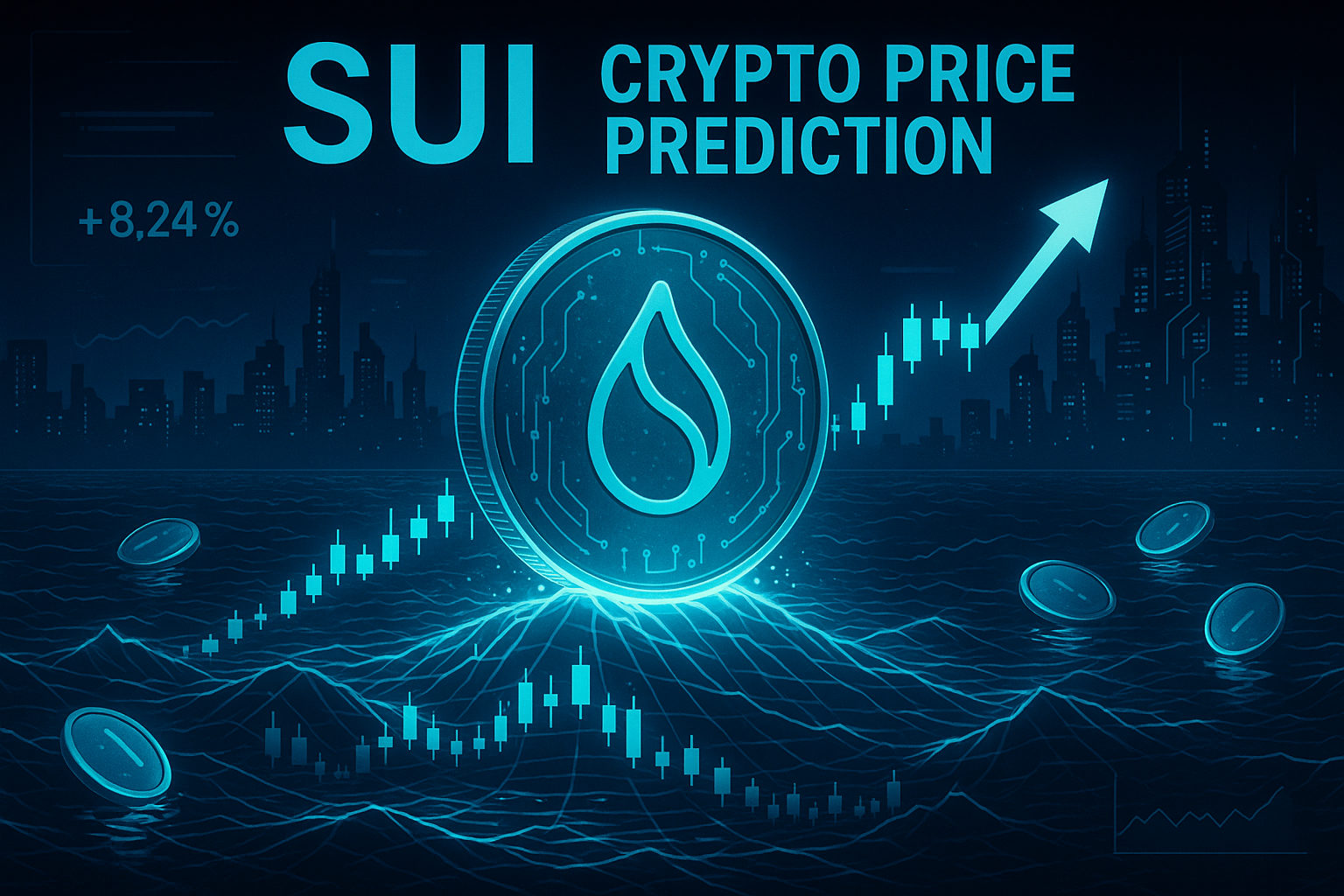 Cyberpunk SUI coin rising from digital ocean with price chart lines and neon city backdrop