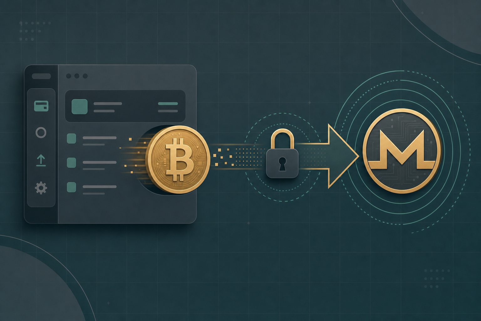 Ilustração de um token Bitcoin saindo de uma carteira de computador e sendo convertido em um token Monero através de um ícone de cadeado.