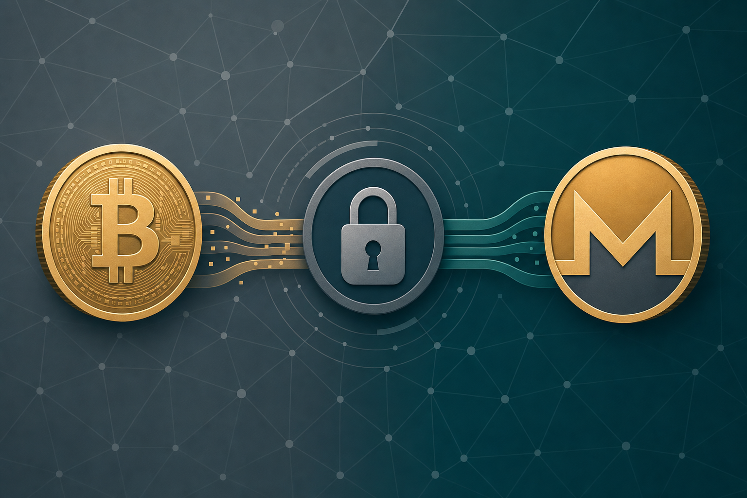 Illustration of a Bitcoin token converting into a Monero token through a privacy lock, slate and gold palette