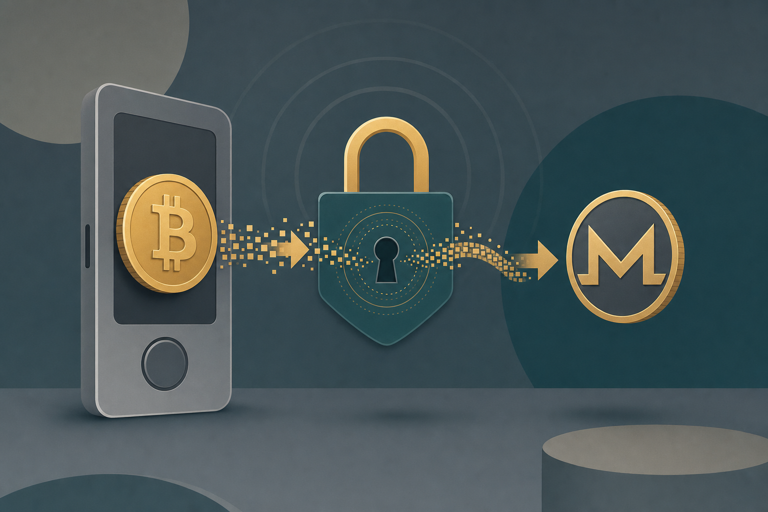 Hardware wallet sending Bitcoin into Monero through a privacy lock, illustrating a no-KYC self-custody swap