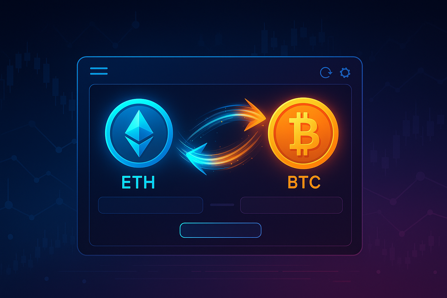 Futuristic crypto interface showing ETH swapping to BTC with neon data stream
