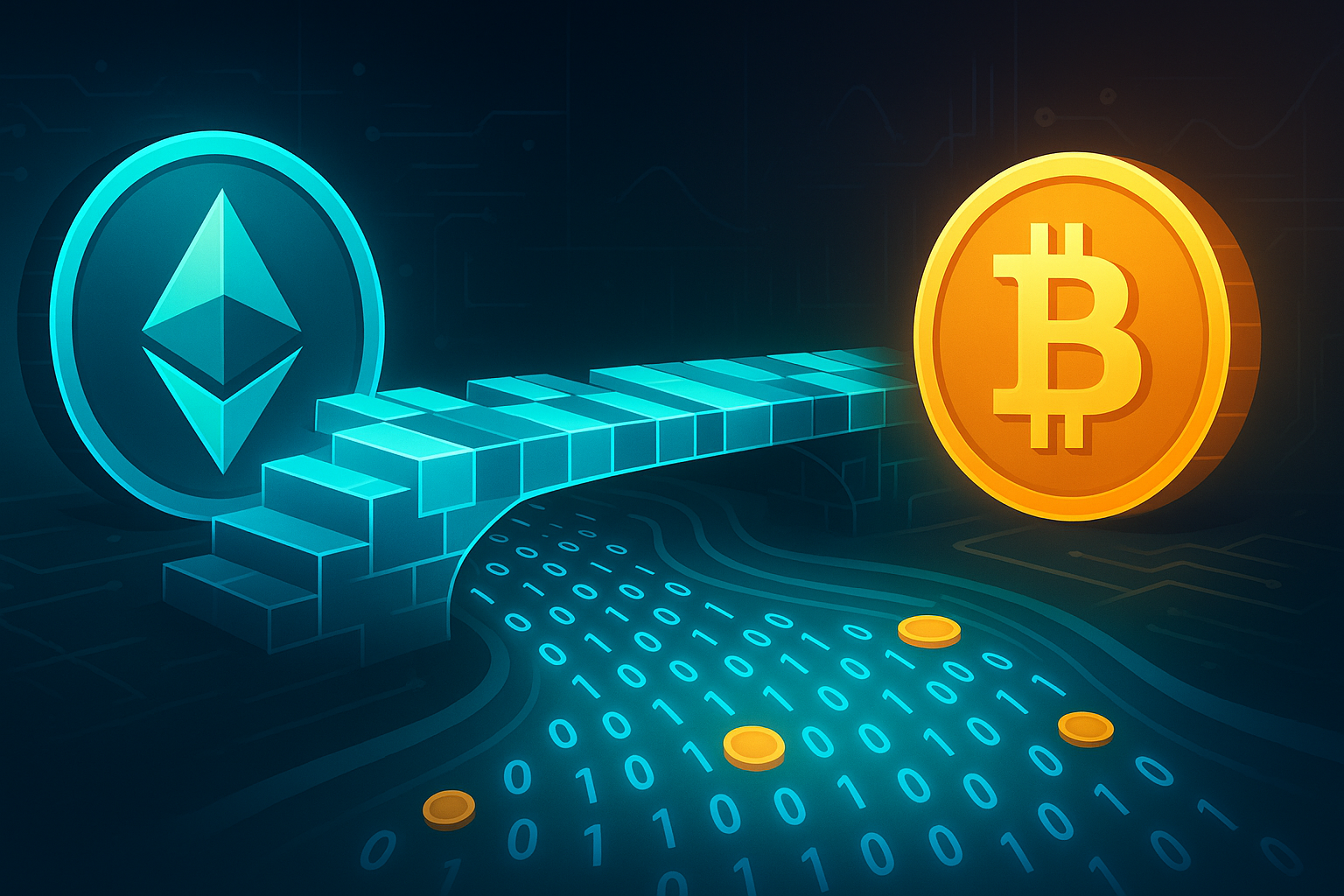 Digital bridge of holographic blocks linking Ethereum-like and Bitcoin-like coins over a binary code river