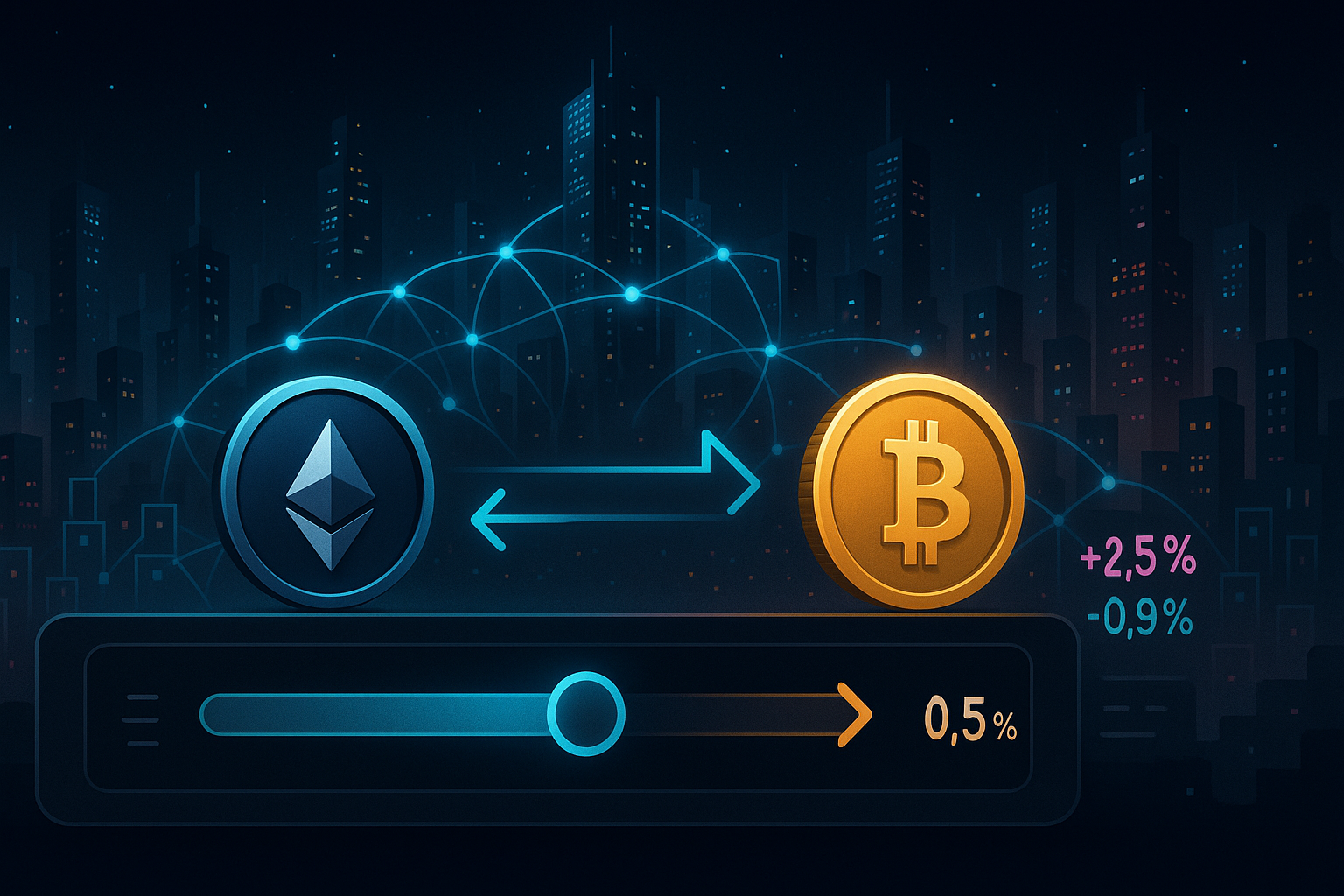 Cinematic crypto dashboard showing ETH to BTC swap with data city backdrop